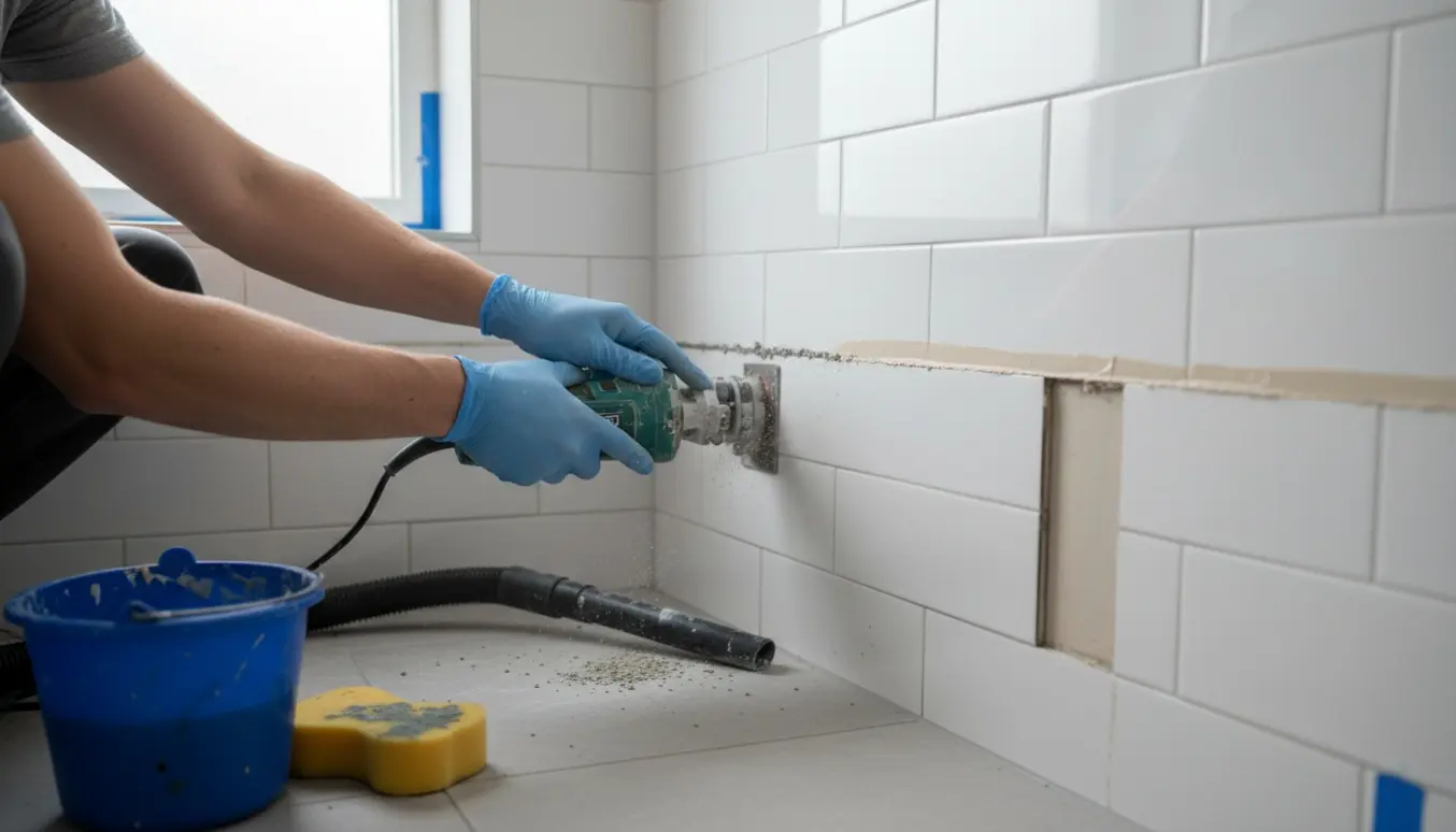 Badeværelseshjørne med hvide fliser, hvor gammel fuge fjernes og ny lys fuge påføres.