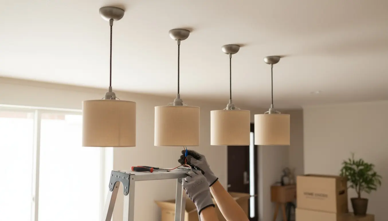 Hænder forbinder den fjerde loftslampe i en lejlighed med tre andre lamper installeret og flyttekasser i baggrunden.