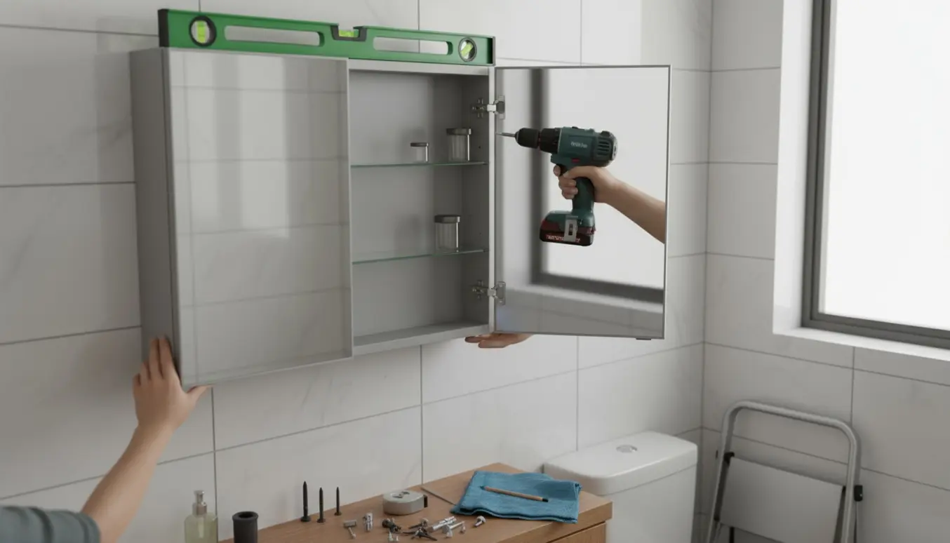 Hænder monterer et spejlskab over toilettet i et lyst, moderne badeværelse med værktøj på bordet.