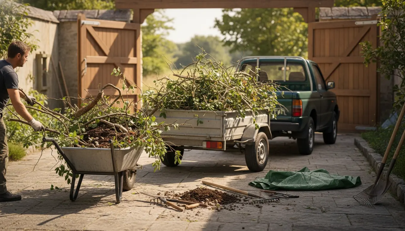 Ladvogn og skubkærre fyldt med grene, brombær, småtræer, sten og jord på en gårdsplads klar til bortkørsel.