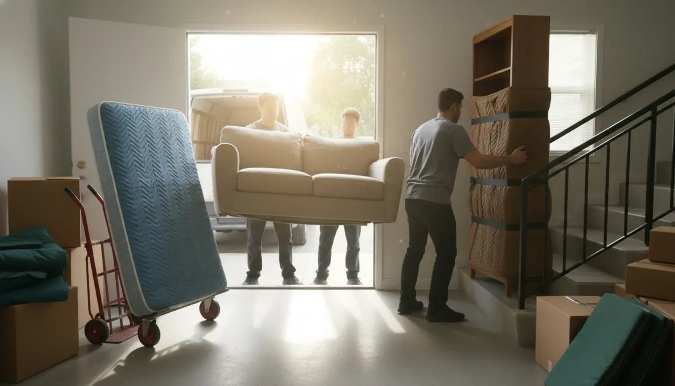 Flyttefolk bærer sofa, madras og reol gennem en opgang mod en flyttevogn.