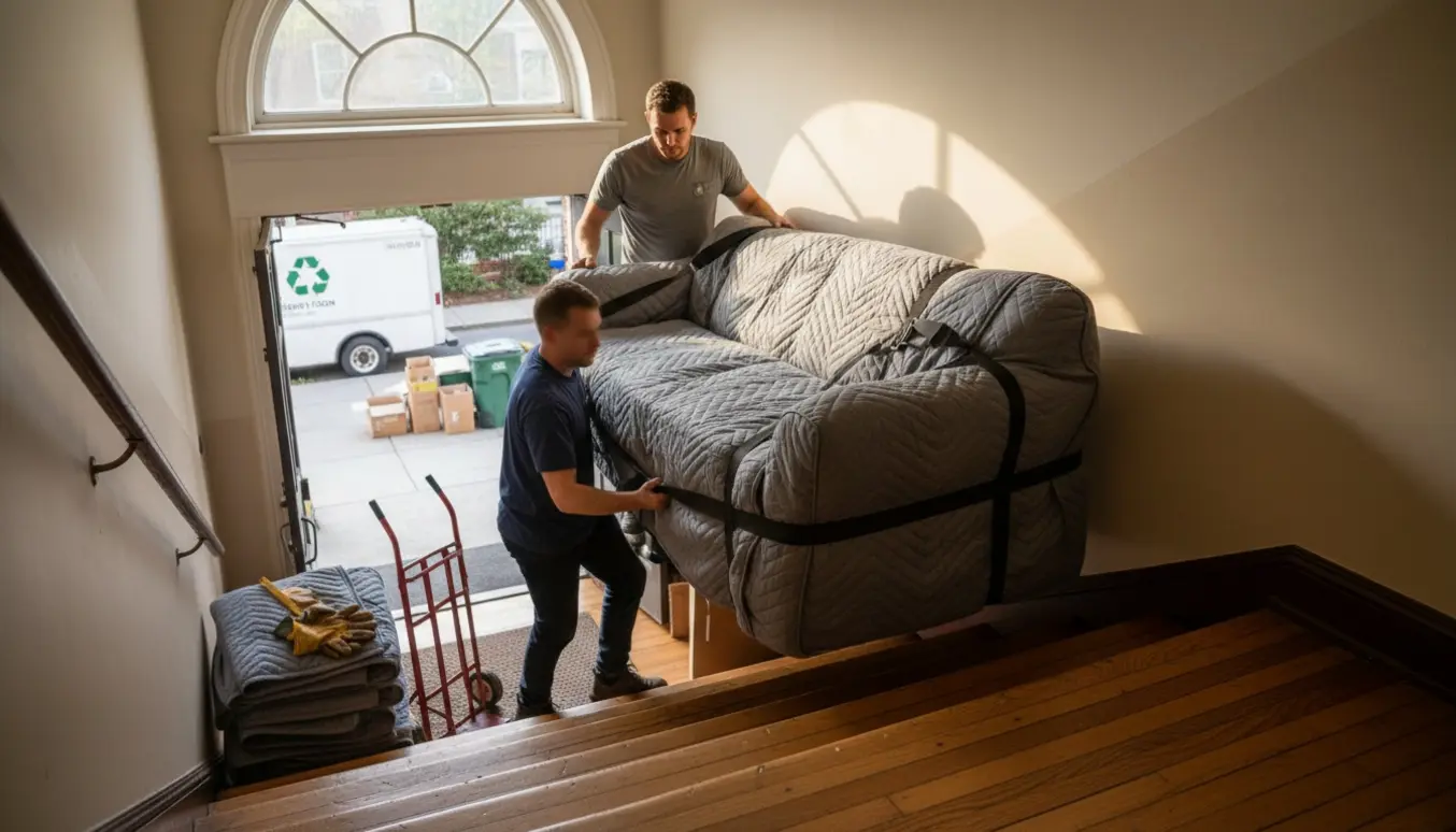 To flyttemedarbejdere bærer en stor sofa ned ad en smal trappe, pakket ind i flyttetæpper og klar til aflevering til genbrug.