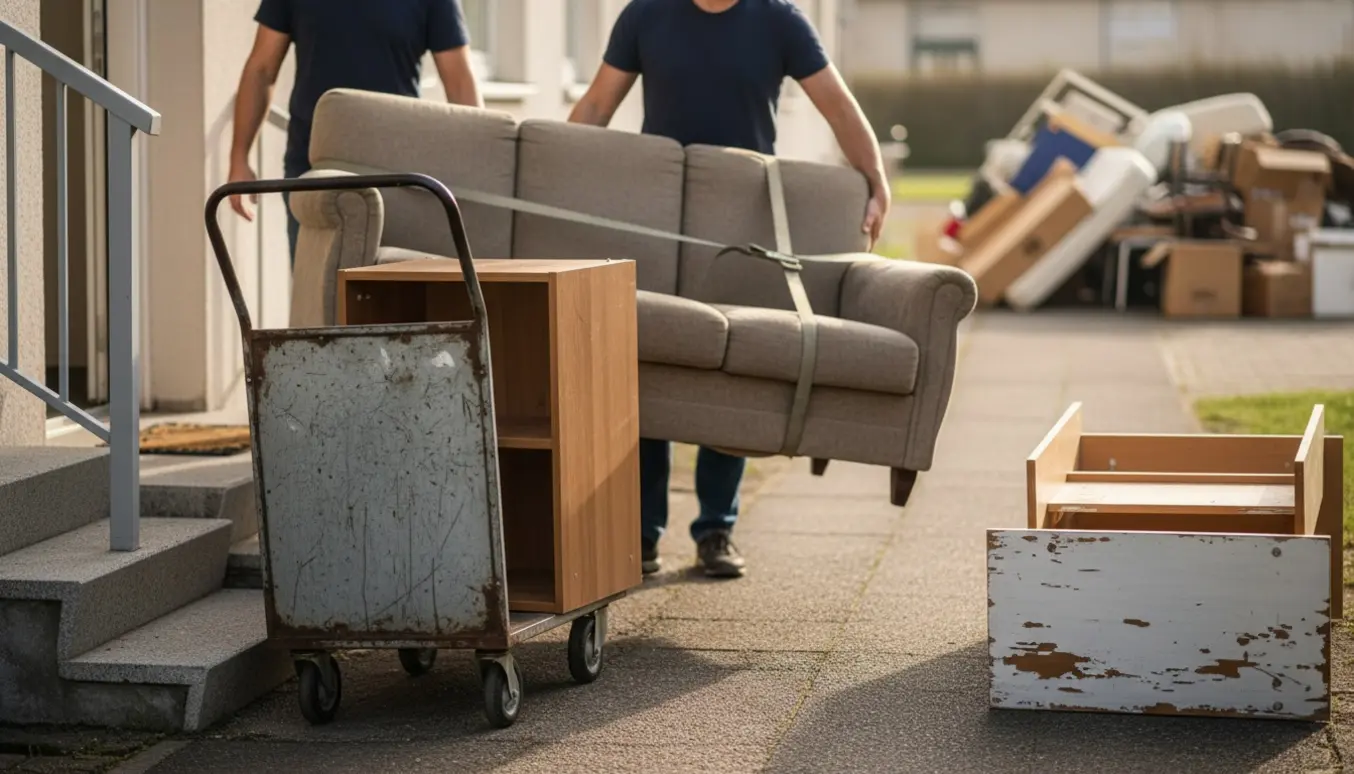 To personer flytter et nedtaget klædeskab, skoskab og en 3-personers sofa på en jerntrolley ned fra 1. sal mod storskraldspladsen.