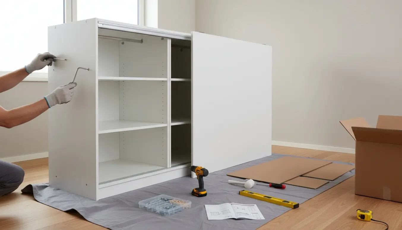 Montering af hvidt skab med skydedøre i lyst rum, hænder og værktøj i fokus, ingen ansigter.