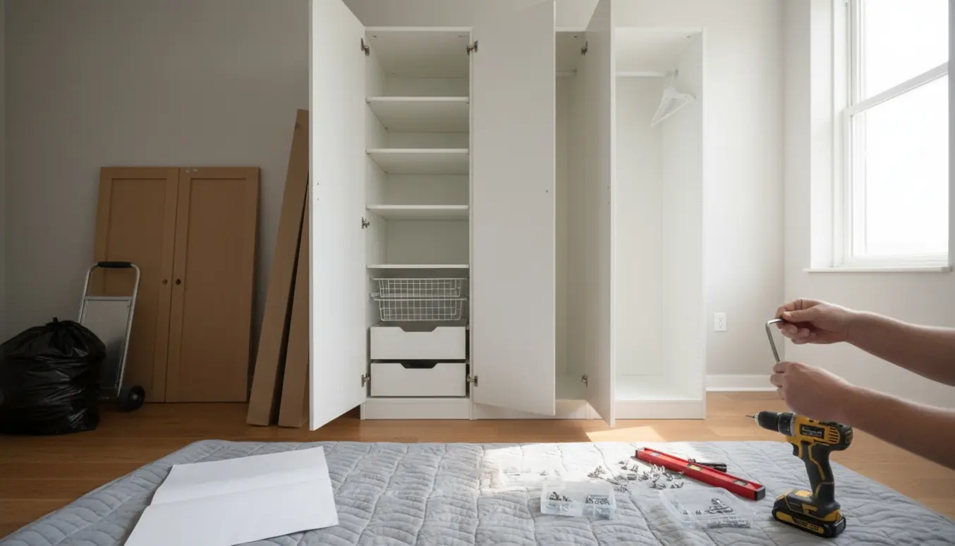 Tre-dørs garderobe under samling med værktøj og nedtaget gammelt skab klar til bortskaffelse.