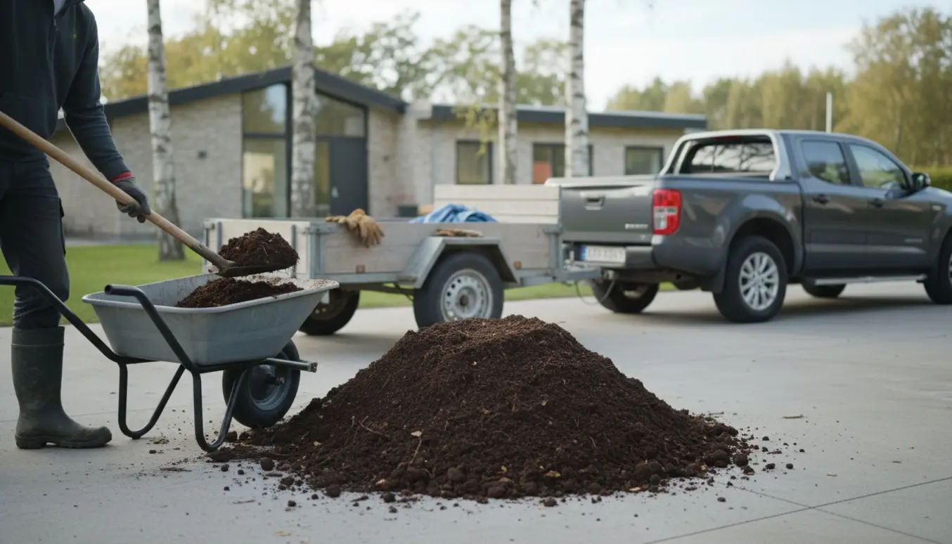 En åben trailer læsser mørk jord på en indkørsel i et dansk villakvarter, med en person set bagfra, skovl og trillebør.