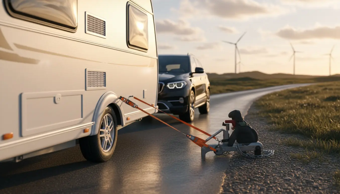 En hvid campingvogn trækkes af en SUV på en smal landevej ved kysten, mens en person bagfra spænder anhugget.