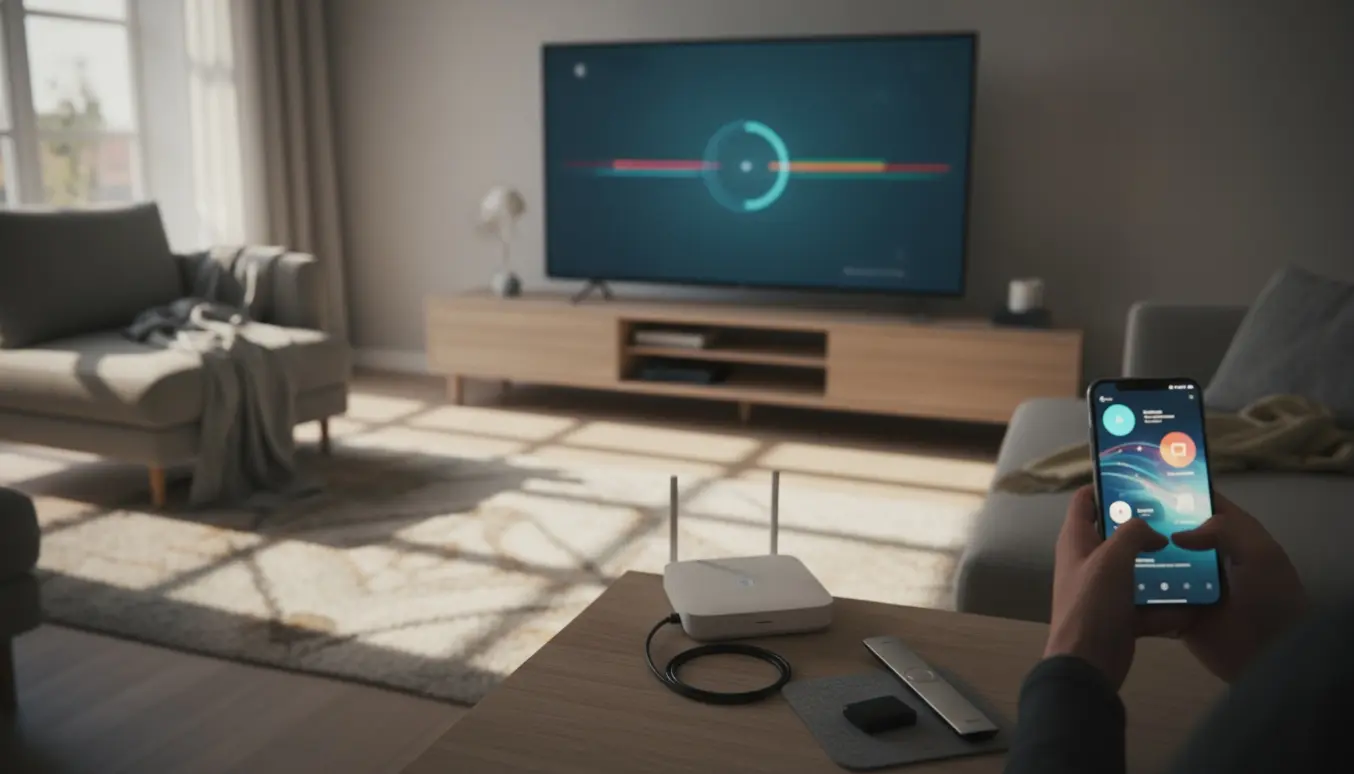 Hænder opsætter tv med en streaming-dongle og bruger Norlys-appen på en smartphone i en lys, moderne stue.