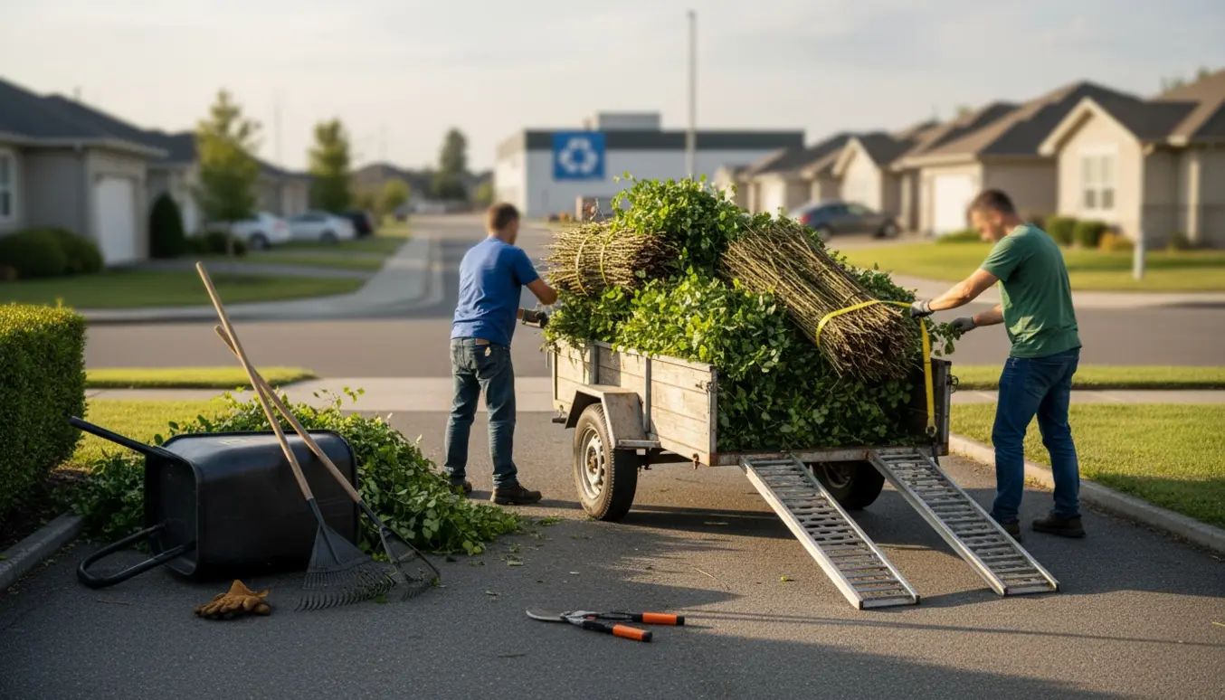 Trailer fyldt med hækkeklippede grene og haveaffald på en indkørsel, klar til afhentning.