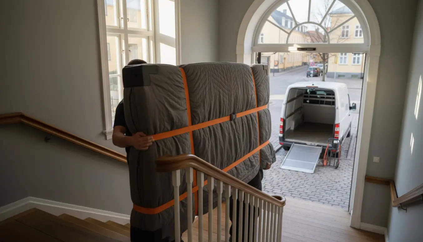 To flyttemænd bærer en stor polstret sengegavl beskyttet med tæpper og stropper ned ad en trappe mod en hvid flyttevogn.