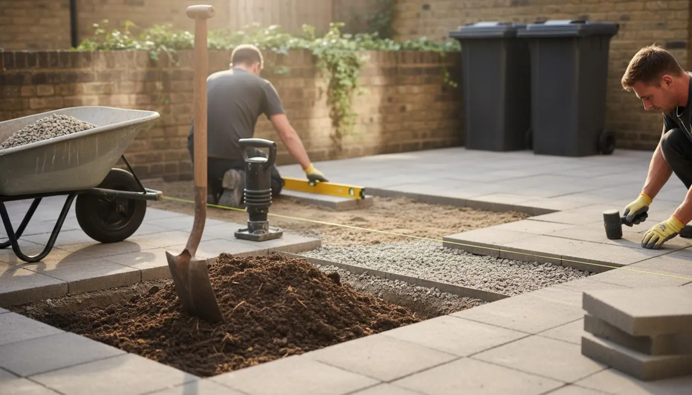 Udgravning og ny flisebelægning i en gårdhave til flyttede skraldespande.