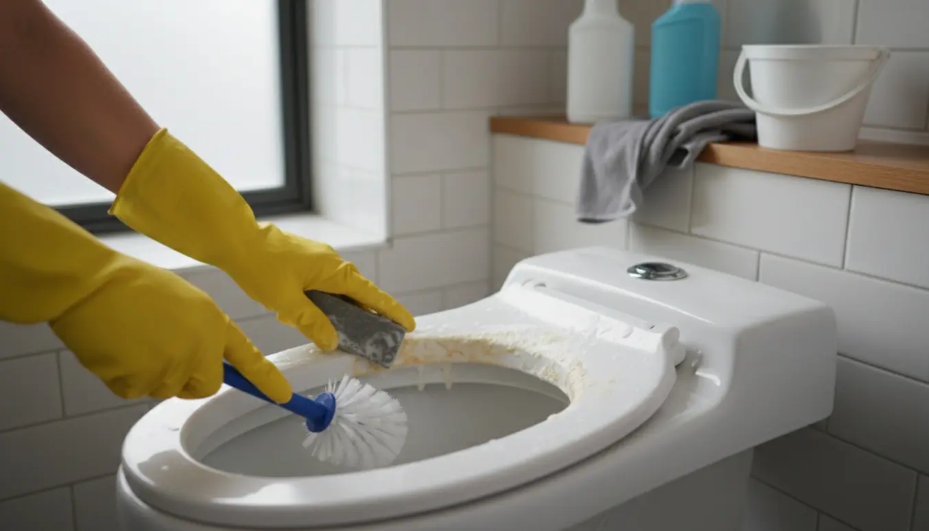 Nærbillede af et toilet med kraftig kalk, hvor en person i gummihandsker skrubber kalkringen med en børste.