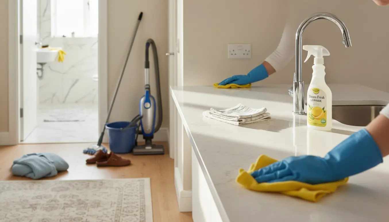 Rengøringsperson tørrer et køkkenbord af med rengøringsmidler, støvsuger og badeværelse i baggrunden.