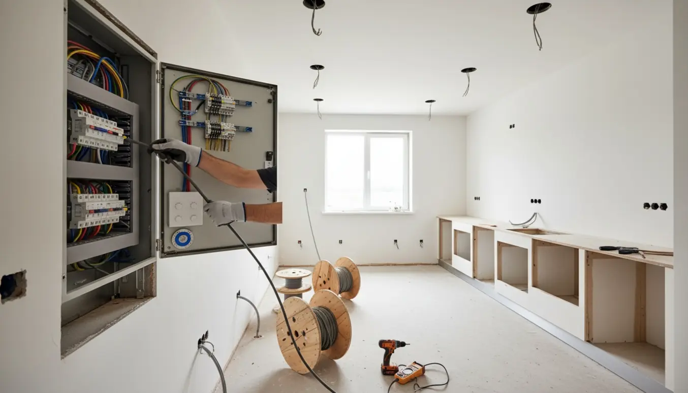 Elektriker trækker kabler fra en åben eltavle i entreen ind i et tomt køkken med kabelruller, værktøj og udsparinger til seks spots.