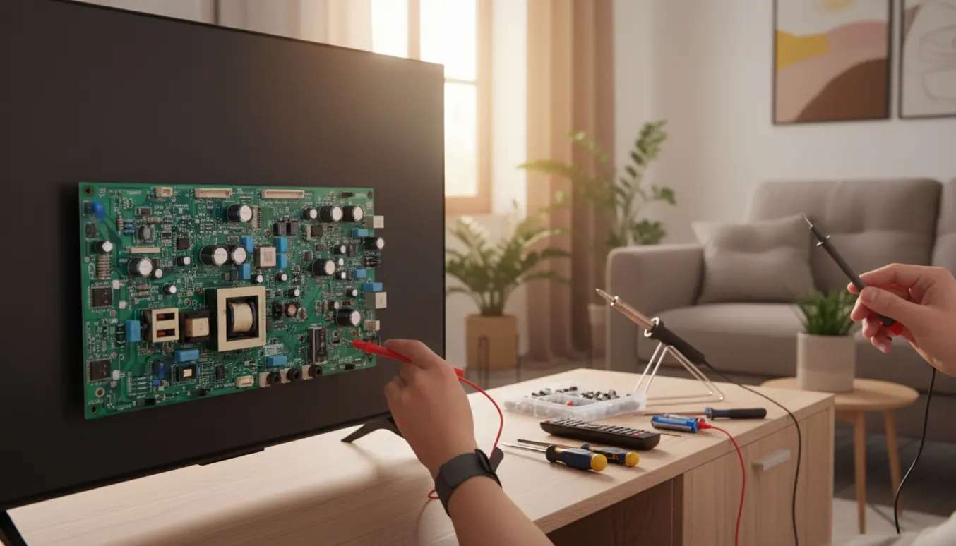 Tekniker tester en åben fladskærm med blottet kredsløb og værktøj på bordet.