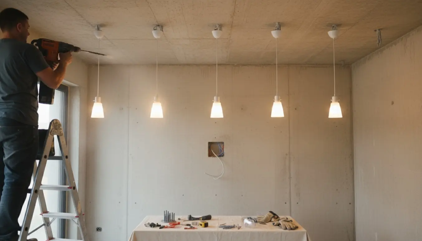 Installatør borer i betonloft og monterer syv lette pendler i et nybygget rækkehus.