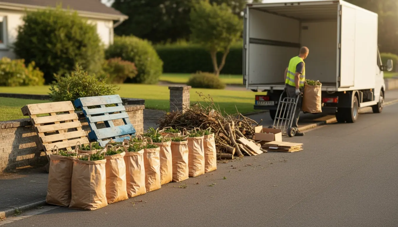 Kantstensopsamling med 12 sække haveaffald, en bunke småt brændbart og to europapaller ved en villavej.