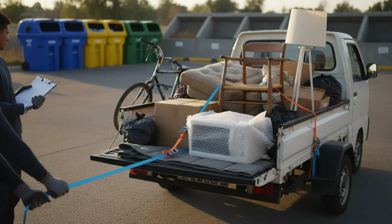 Bil og trailer lastet med diverse ting ved en genbrugsplads, hænder spænder remme.