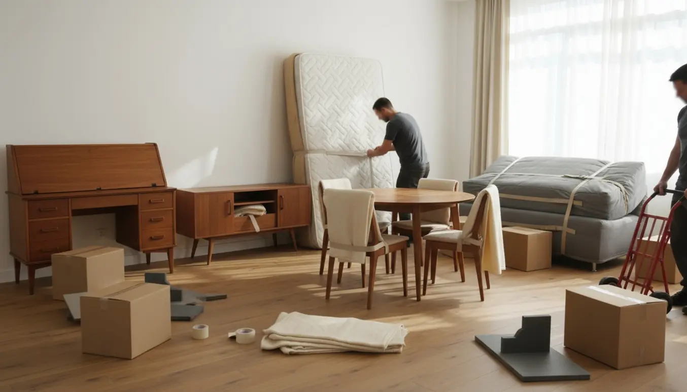 Møbler og flyttekasser i en lys stue klar til flytning.