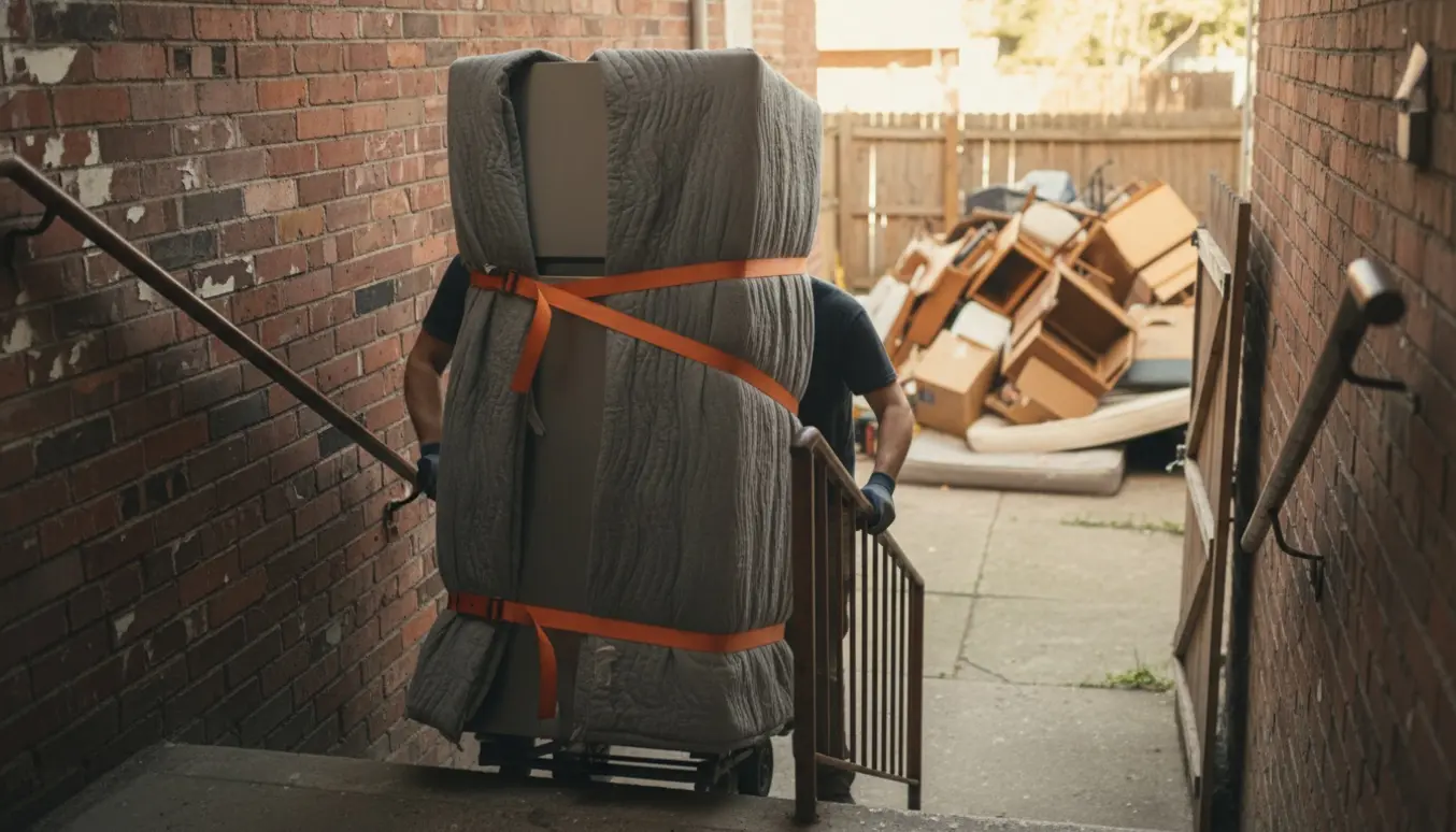 To personer bærer et højt, smalt køleskab ned ad opgangstrappen mod baggården, ansigter er ikke synlige.