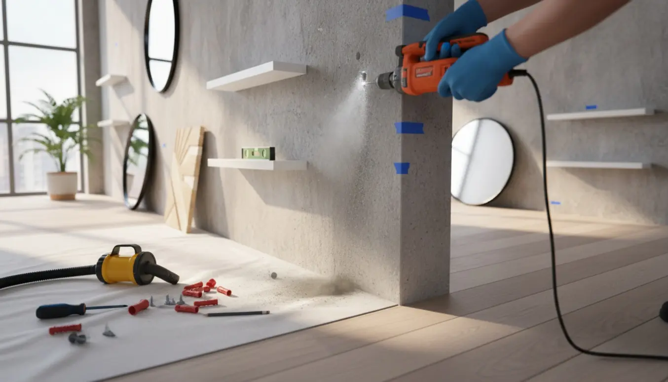 Nærbillede af borearbejde i en betonvæg for at hænge spejle og hylder.