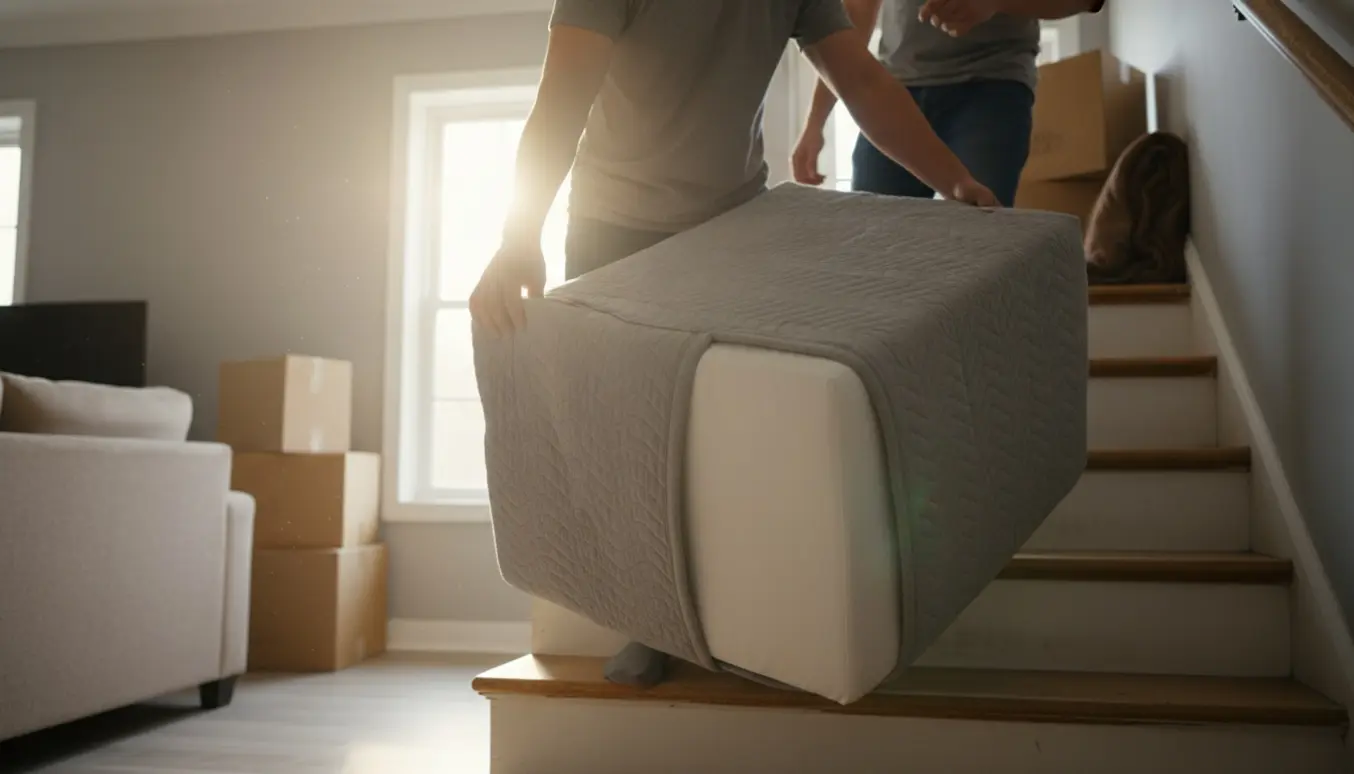 To personer bærer en hvid puf op ad en trappe i et lyst hjem.