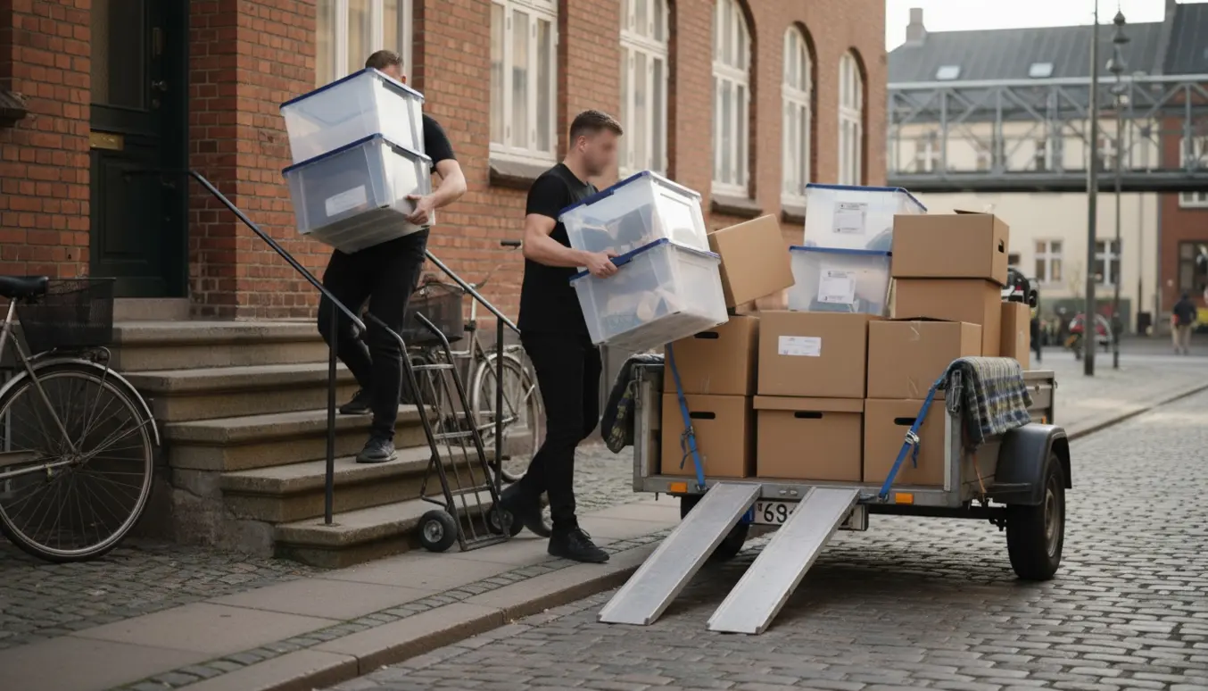 To flyttefolk bærer plast- og papkasser ned ad fem trin fra en lejlighed og ind i en åben trailer lige uden for døren.