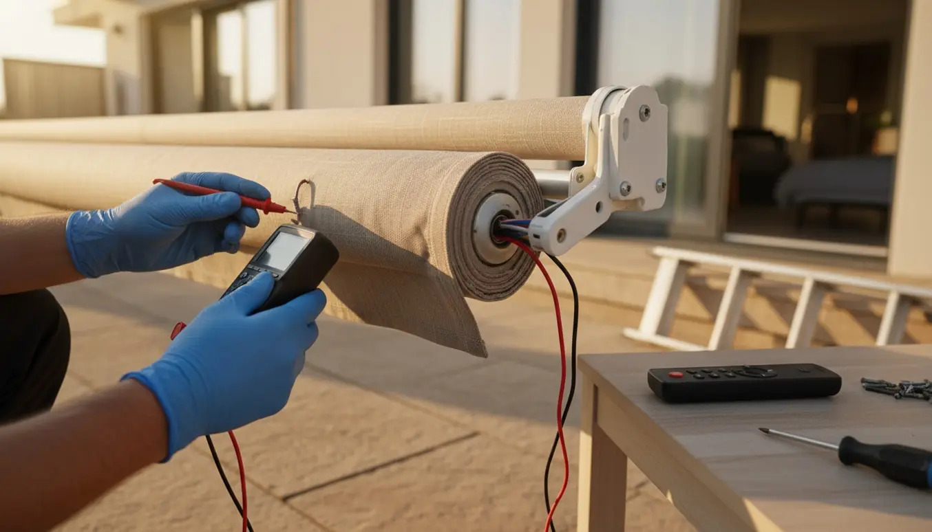 Nærbillede af en markise på en terrasse, hvor hænder tester motorens ledninger med et multimeter og fjernbetjening og værktøj ligger ved siden af.