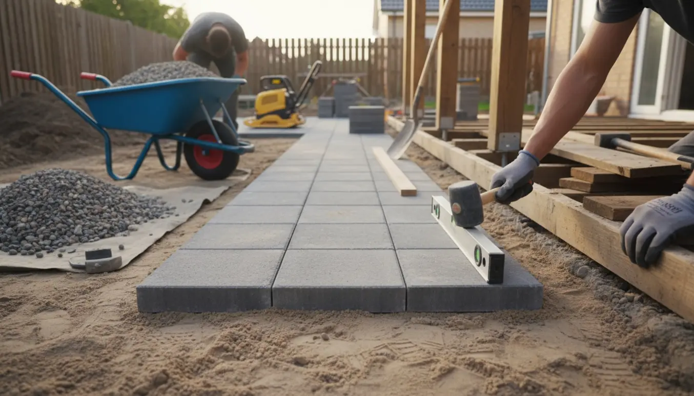 Nærbillede af en have, hvor fliser lægges med hænder, skærver i trillebør og en delvist fjernet træterrasse i baggrunden.