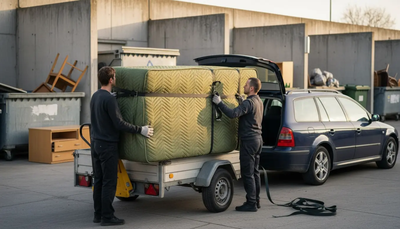 Stor boksmadras bliver læsset på en trailer ved en genbrugsplads, ansigter ikke synlige.