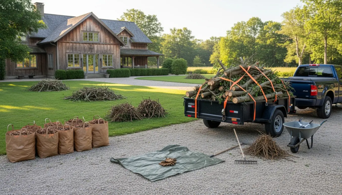 En stor sommerhusgrund med læsset trailer og bunker af grene og sække med haveaffald ved parkeringspladsen.