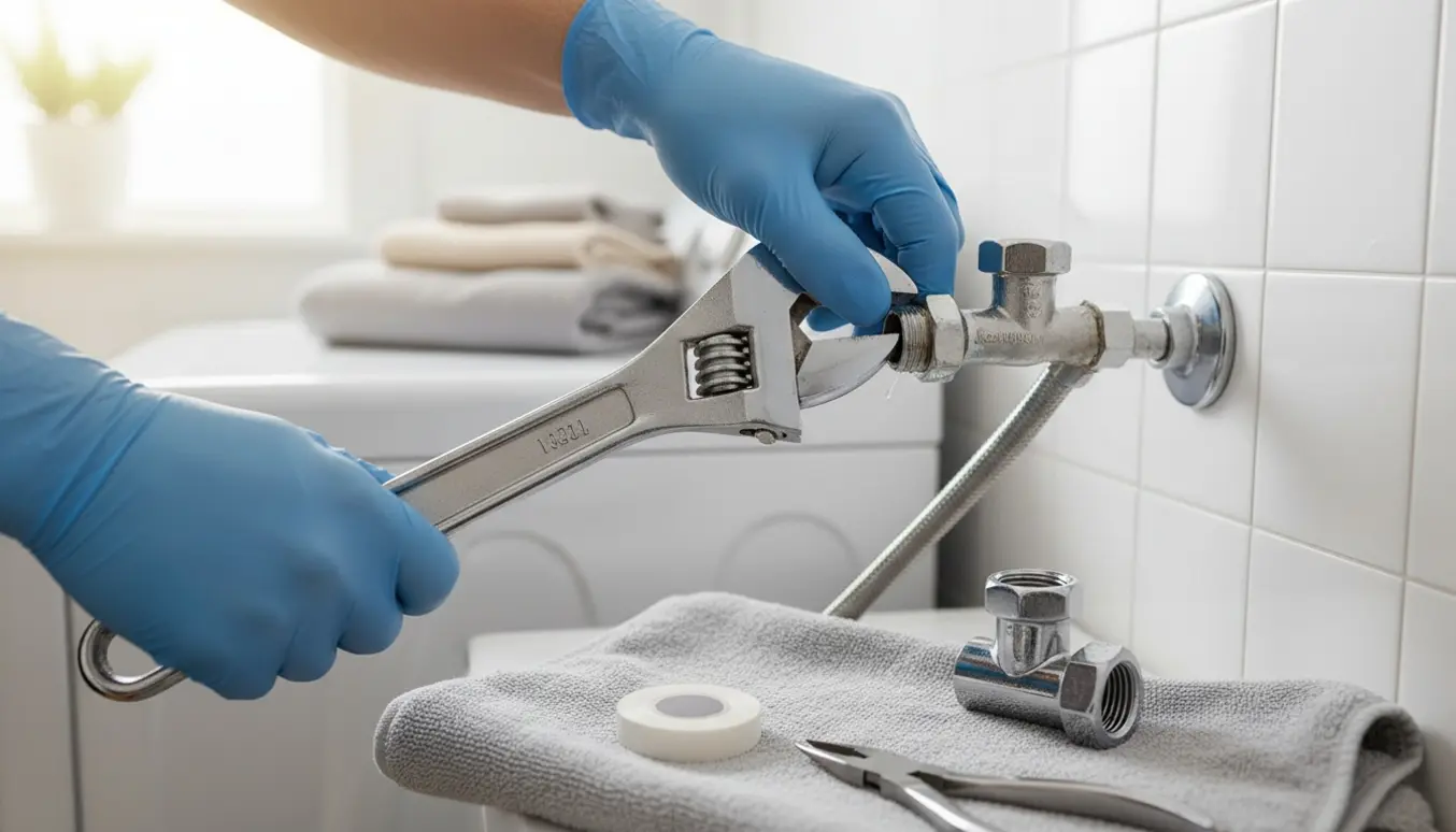 Nærbillede af handskerede hænder, der udskifter en korroderet tappehane bag en vaskemaskine med en ny ventil og tætningsbånd klar.