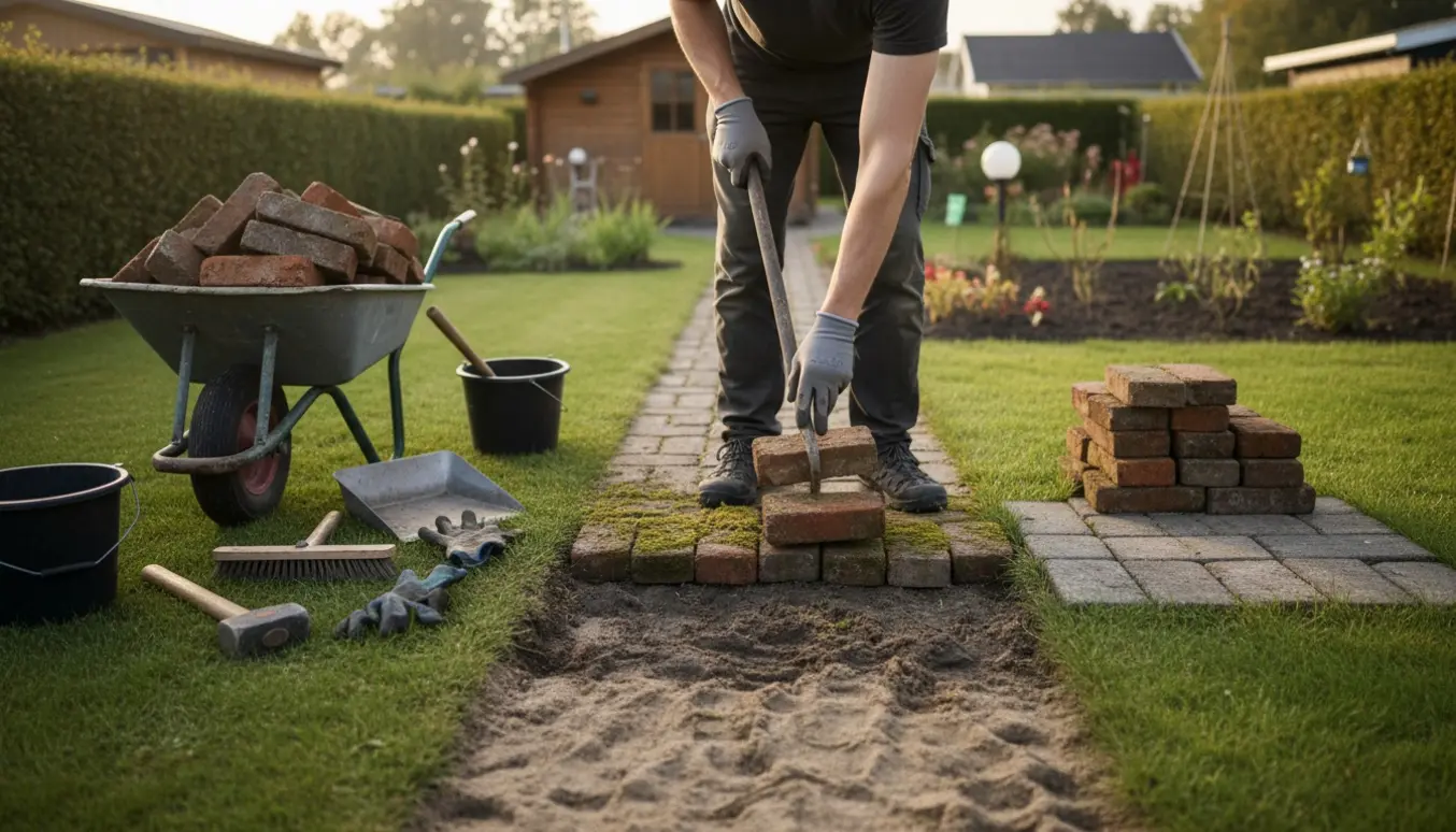 Værktøj og handsker ved fjernede mursten i en kolonihave foran et hus i Brøndby.