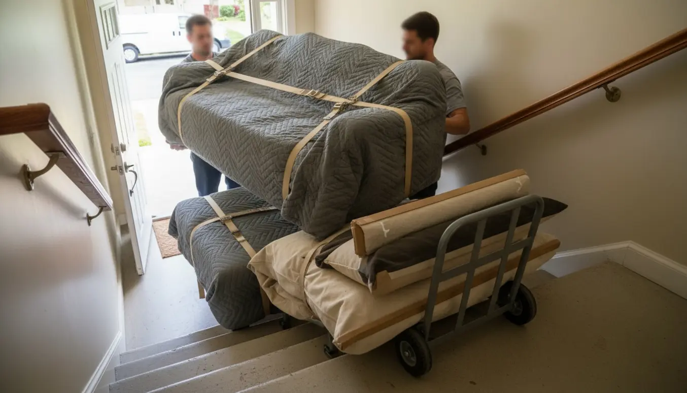 En adskilt hjørnesofa med chaiselong bliver båret op ad en smal trappe af flyttere med tæpper, trillebør og flyttebånd.