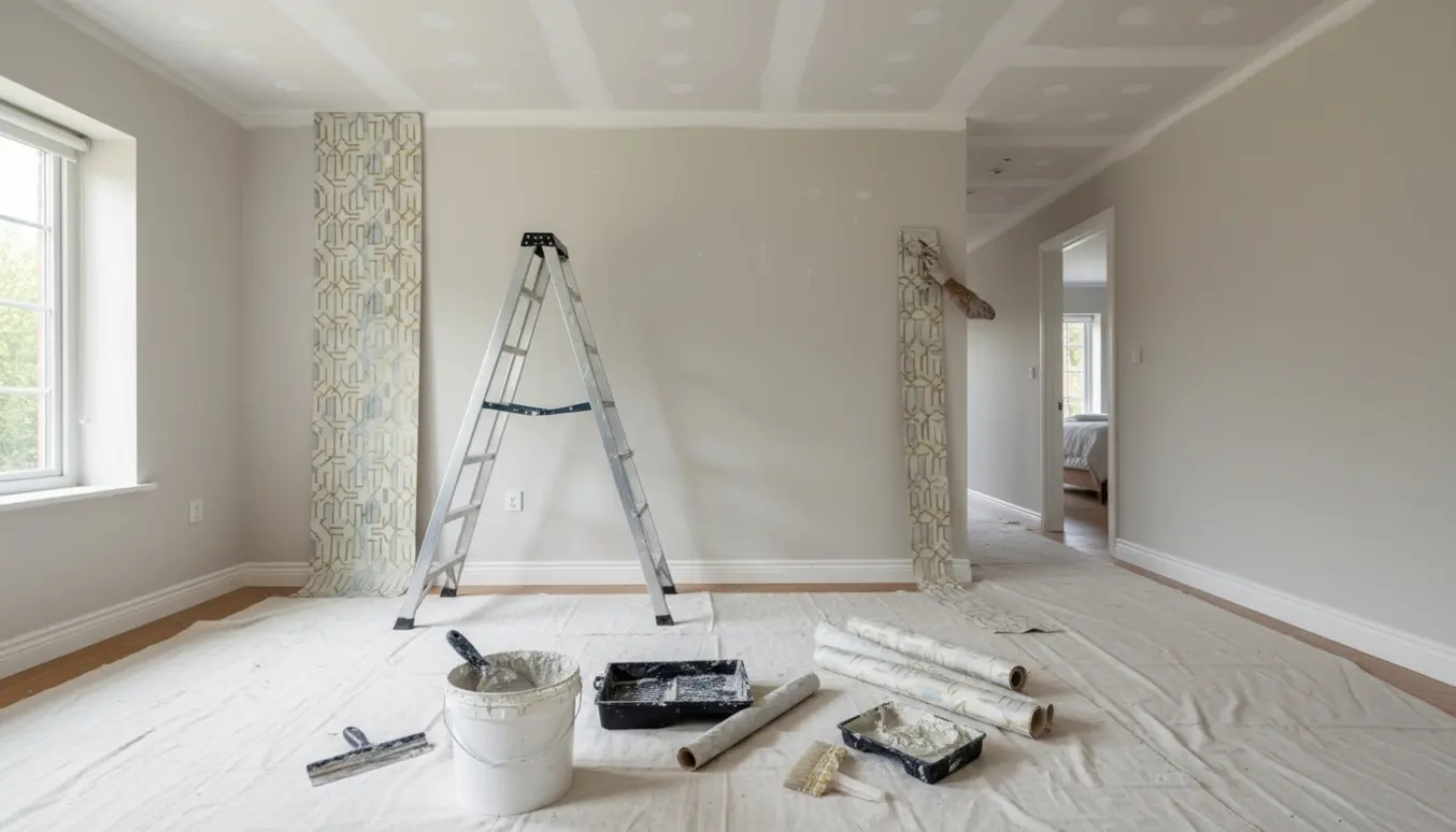 Stue under renovering med nyt tapet på en væg, spartelværktøj på gulvet og friskspartlede lofter i gang og soveværelse.