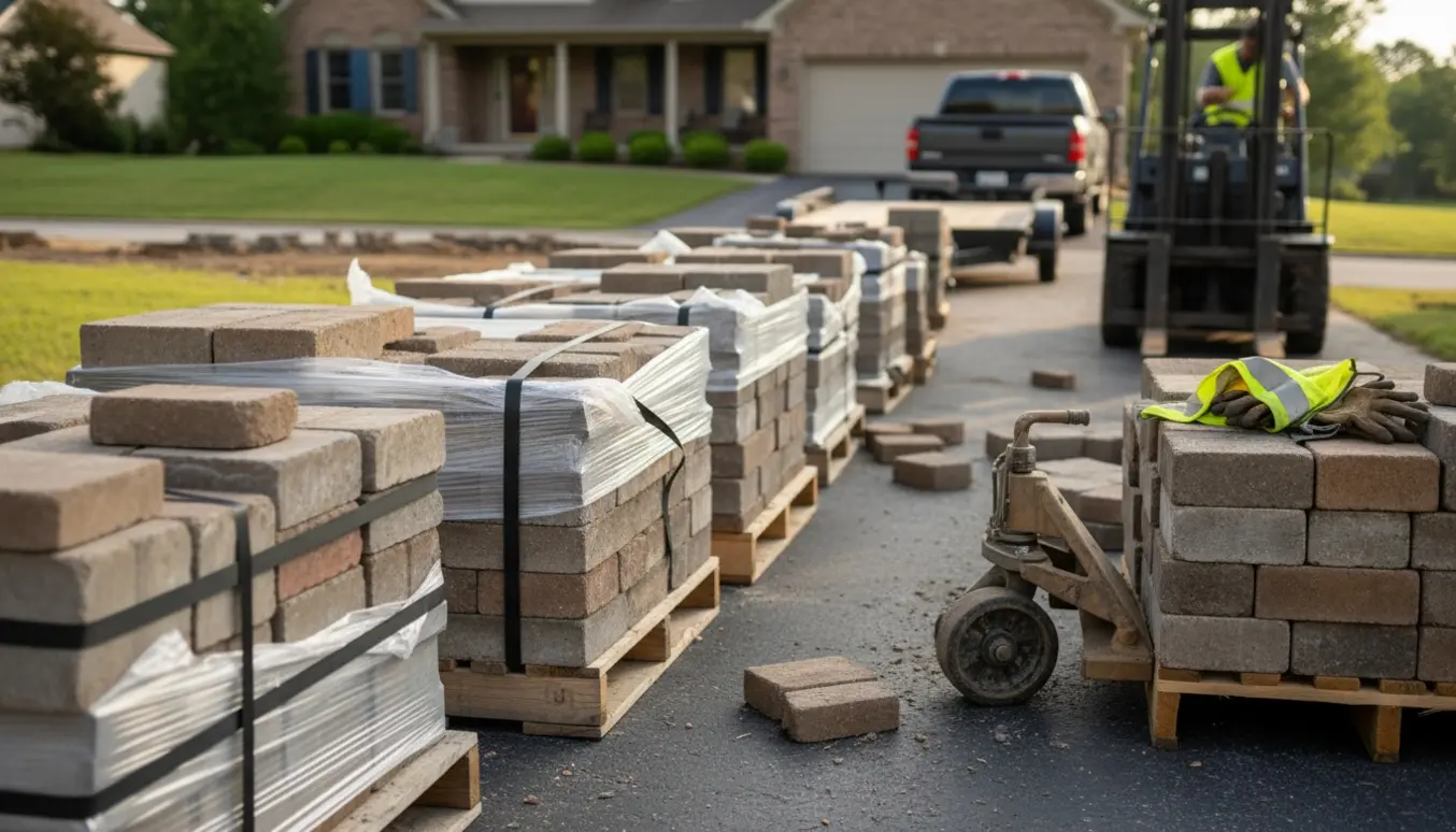 Femten paller med fliser stablet i indkørslen klar til afhentning med palletruck og trailer i baggrunden.