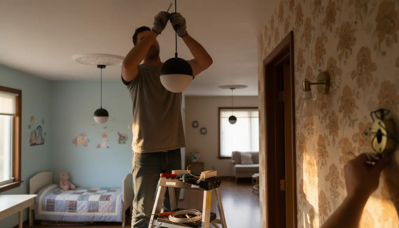 Håndværker monterer loftlampe i et lavloftet 70'er-hjem med værktøj og flere installerede lamper synlige.