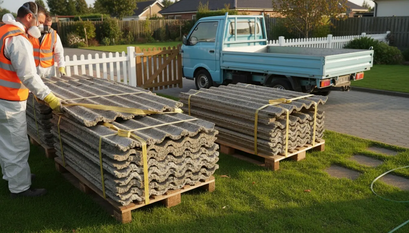 Stablede grå eternitplader i en have ved en åben trailer, klar til afhentning, med arbejdere i beskyttelsesudstyr (ansigter ikke synlige).