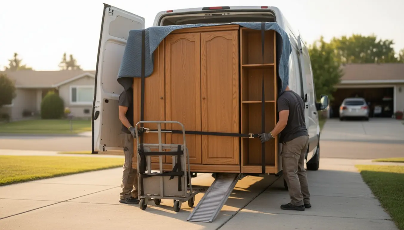Tre store garderobeskabe og en høj reol læsses på en hvid flyttevogn i indkørslen.