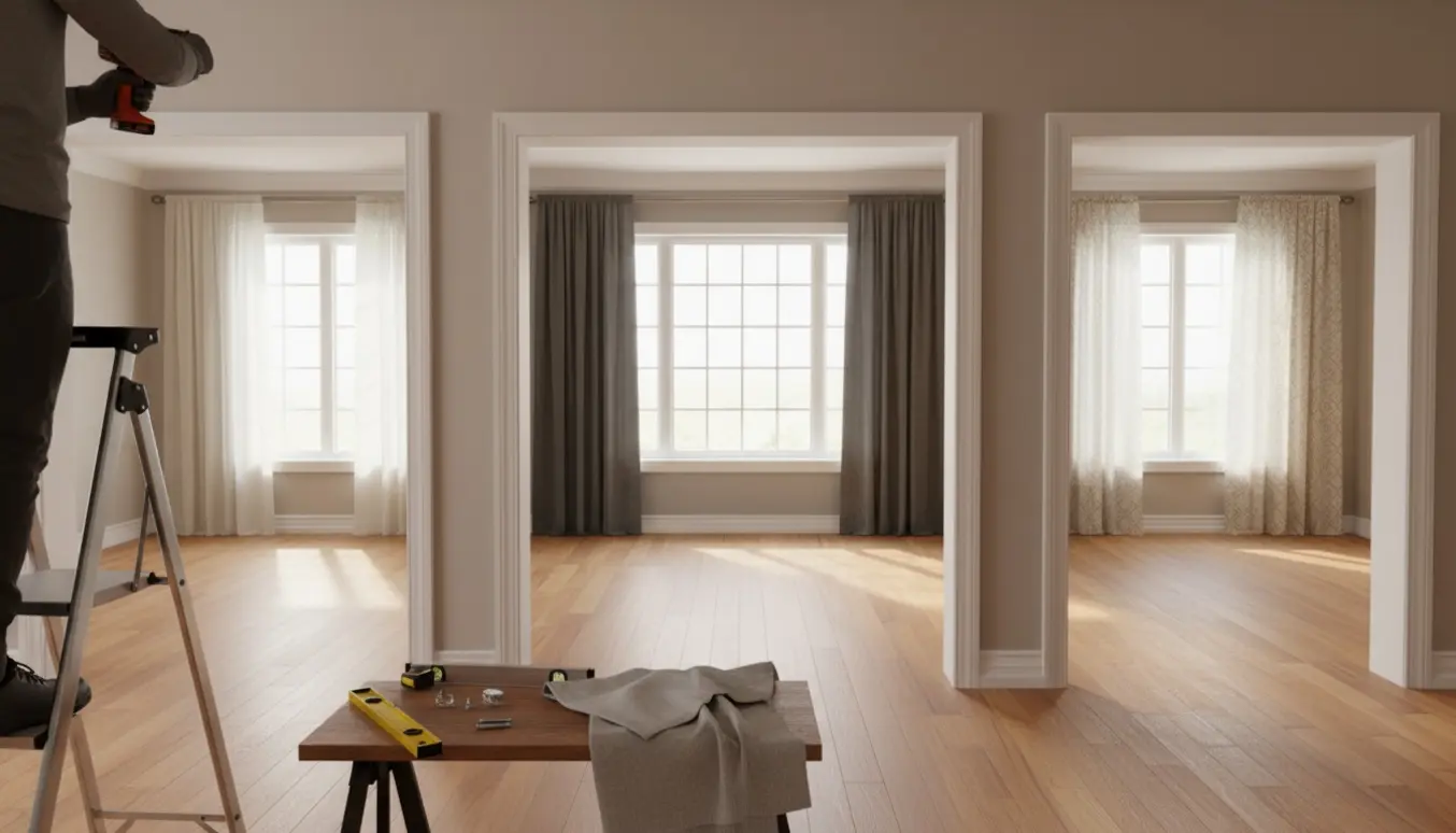 Hænder monterer en gardinstang på en stige, med tre andre rum med nyligt opsatte gardiner i baggrunden.