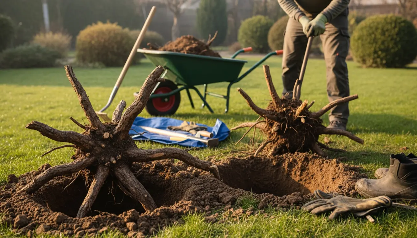 To udgravede rodklumper fra afklippede buske i en have med værktøj ved siden af.