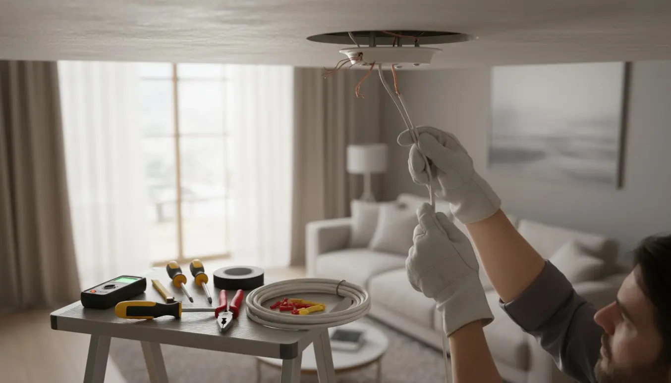 Person udskifter ledningen til en loftslampe i en lys, moderne dagligstue med værktøj og stige.