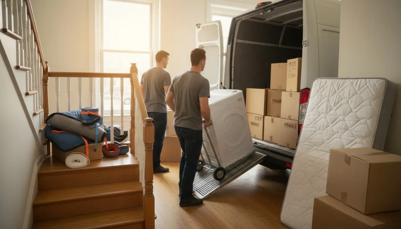 Flytning fra første sal: to personer læsser møbler og stabler flyttekasser ind i en åben varevogn.