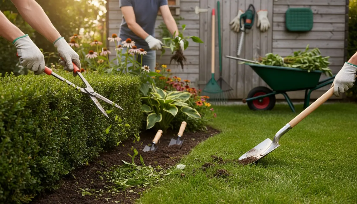 En gartner trimmer hæk, renser kanter og fjerner ukrudt med handsker og haveredskaber.