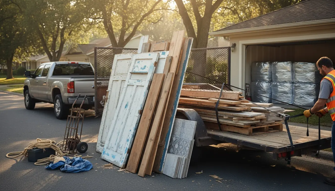 Pickup med trailer ved vejkant med bunke træ, stabel klinker og isolering i åben garage.