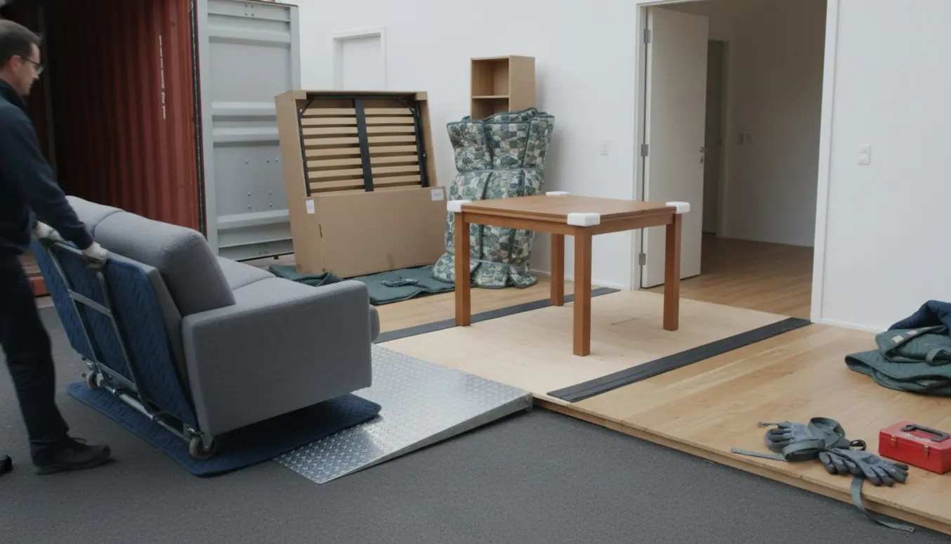 Sofa-seng, seng, spisebord og reol bliver flyttet fra en åben container ind i husets stueplan over beskyttede gulvbaner.