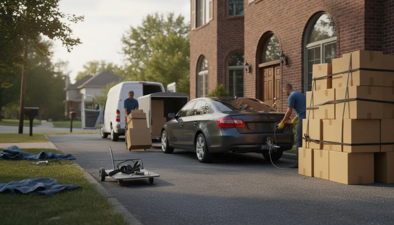 En mindre flyttebil og to trailere parkeret ved en opgang, stabler af flyttekasser ved døren, mens en anhænger tilkobles.