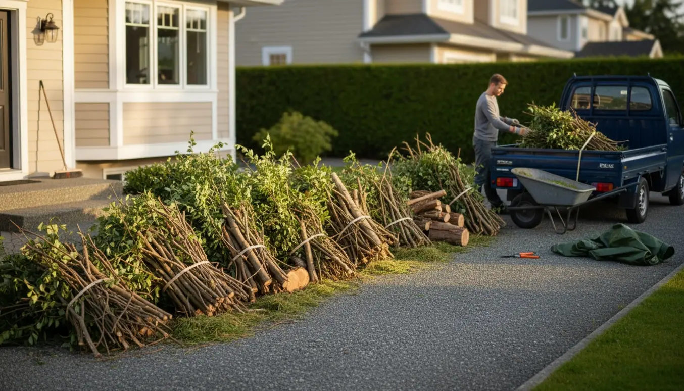 Seks bunker haveaffald læsses på en trailer ved indkørslen.