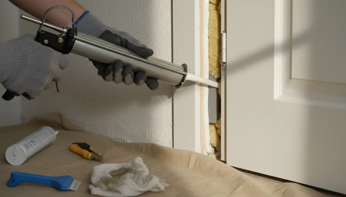 Hænder i handsker fuger langs karmen på en nymonteret dør med en fugepistol.