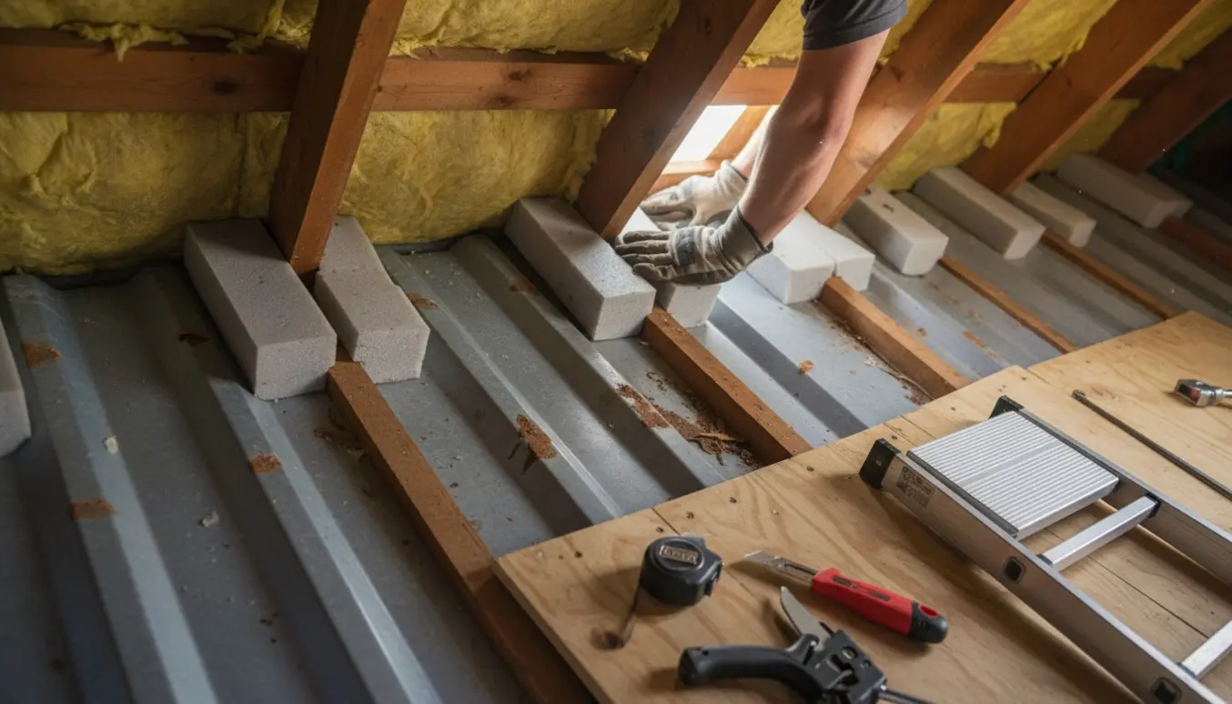 Hænder i handsker sætter en skumklods ind i tagryggen mellem B6 bølgeplader indefra loftet.